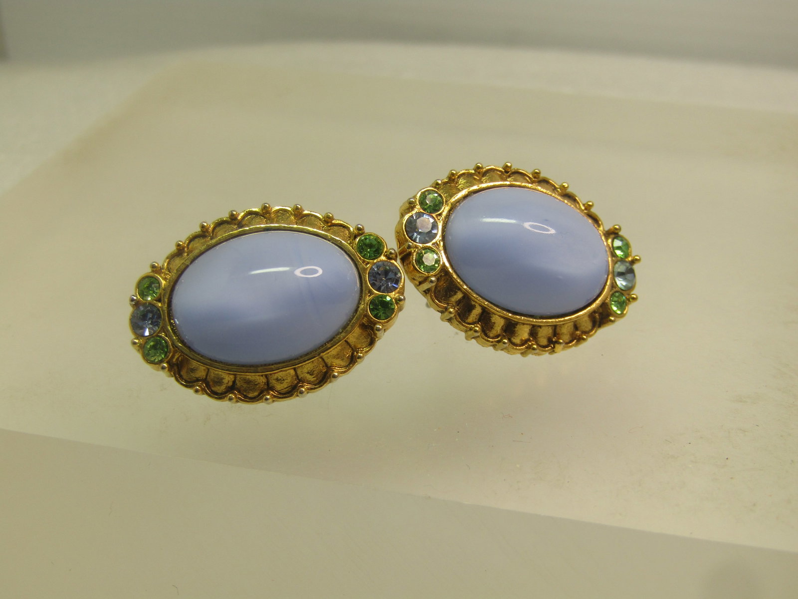 Vintage Glass Moonstone and Rhinestone Earrings, by 1928, 1980's - 6