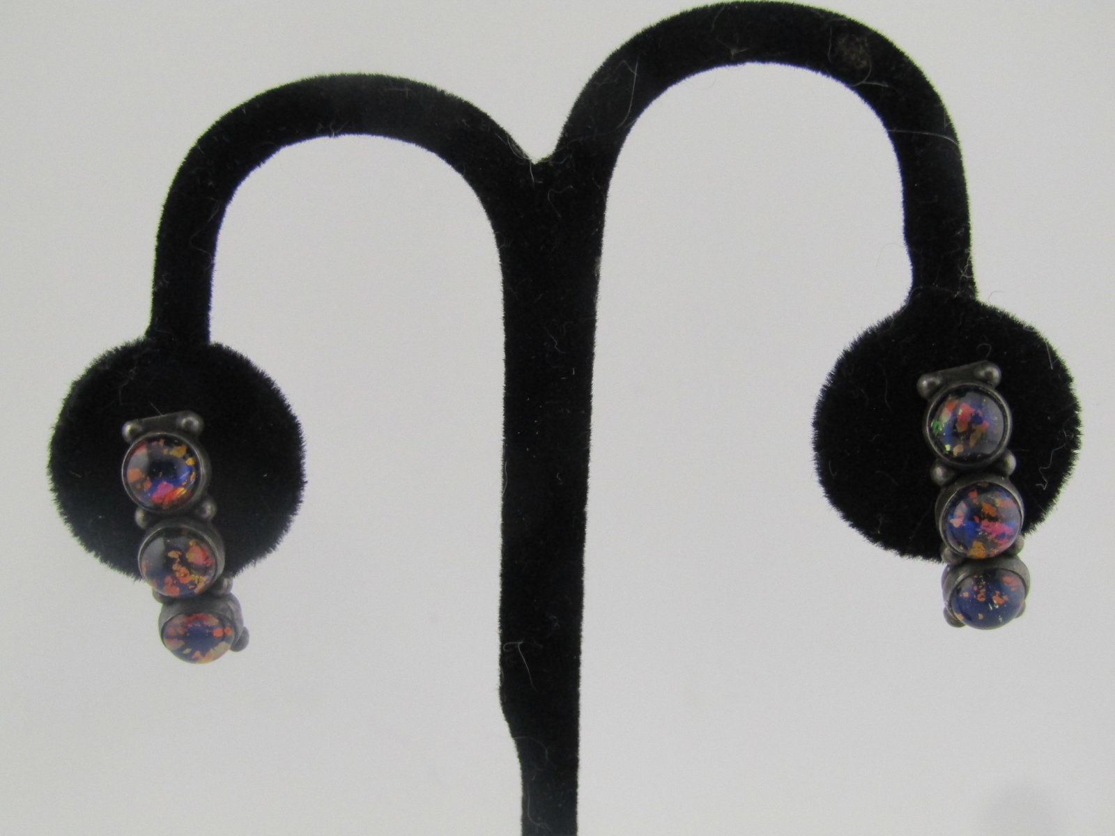 Vintage Sterling Black Glass Opal Screwback Earrings, 1940's-1950's (1 of 6)