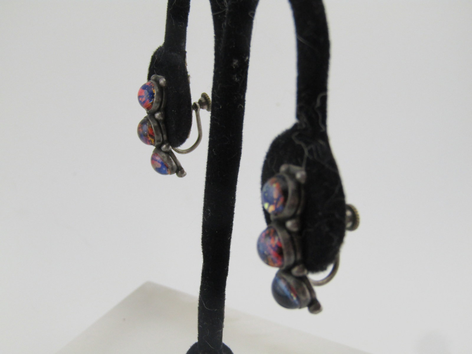 Vintage Sterling Black Glass Opal Screwback Earrings, 1940's-1950's - 2
