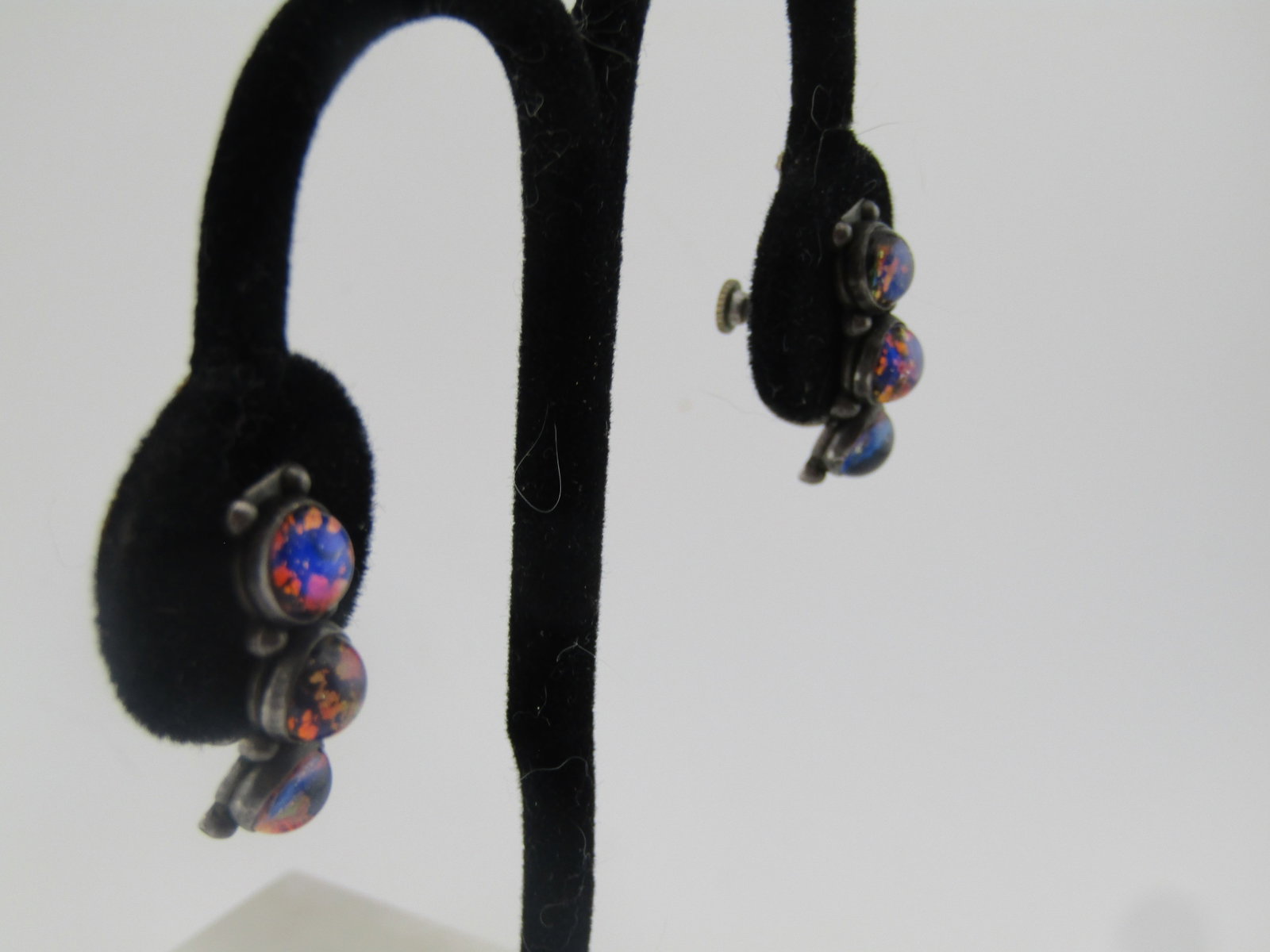 Vintage Sterling Black Glass Opal Screwback Earrings, 1940's-1950's - 3