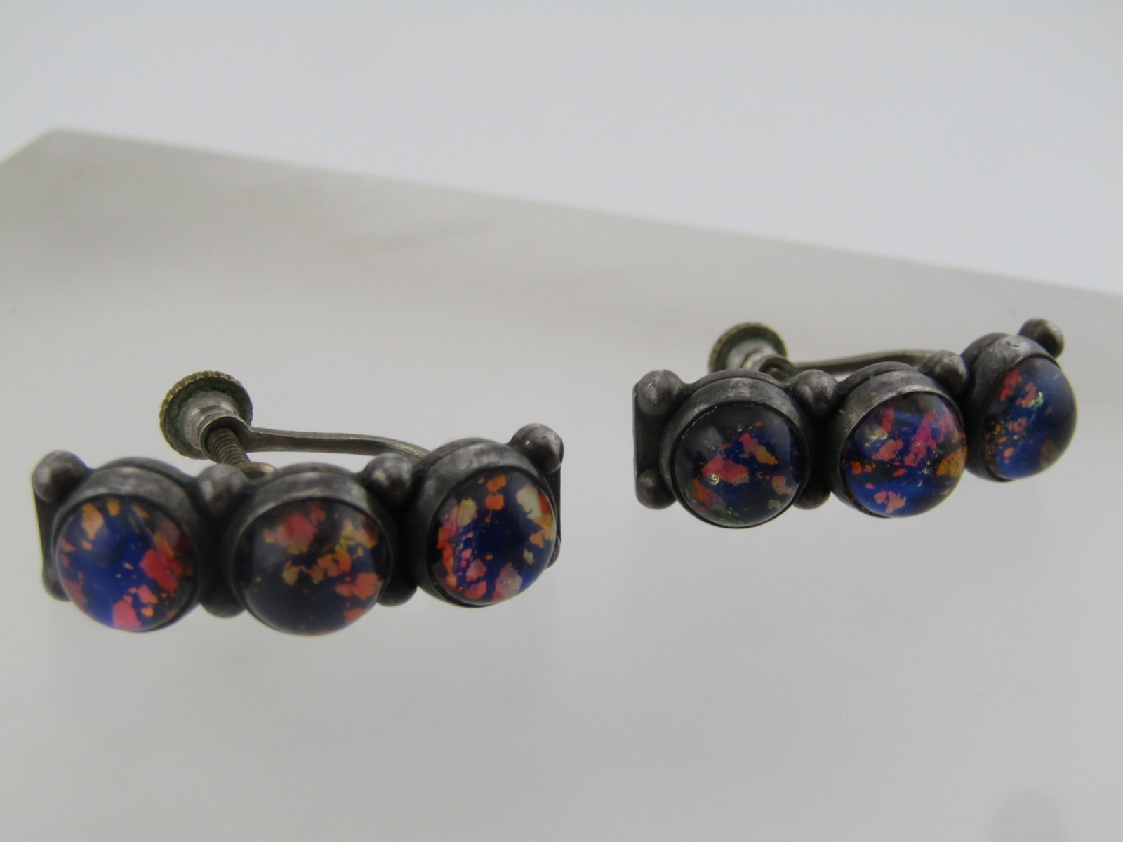 Vintage Sterling Black Glass Opal Screwback Earrings, 1940's-1950's - 5