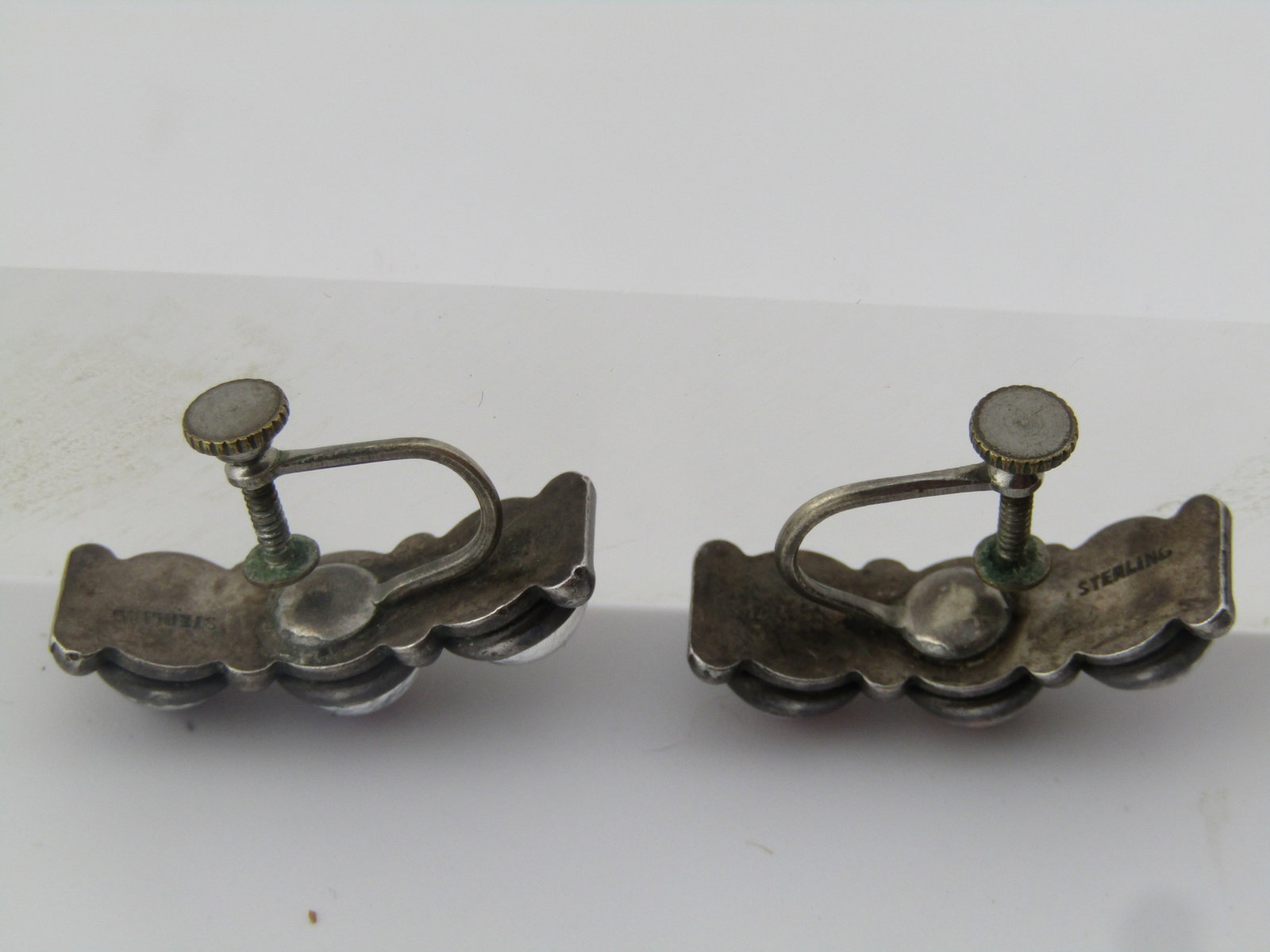 Vintage Sterling Black Glass Opal Screwback Earrings, 1940's-1950's - 6
