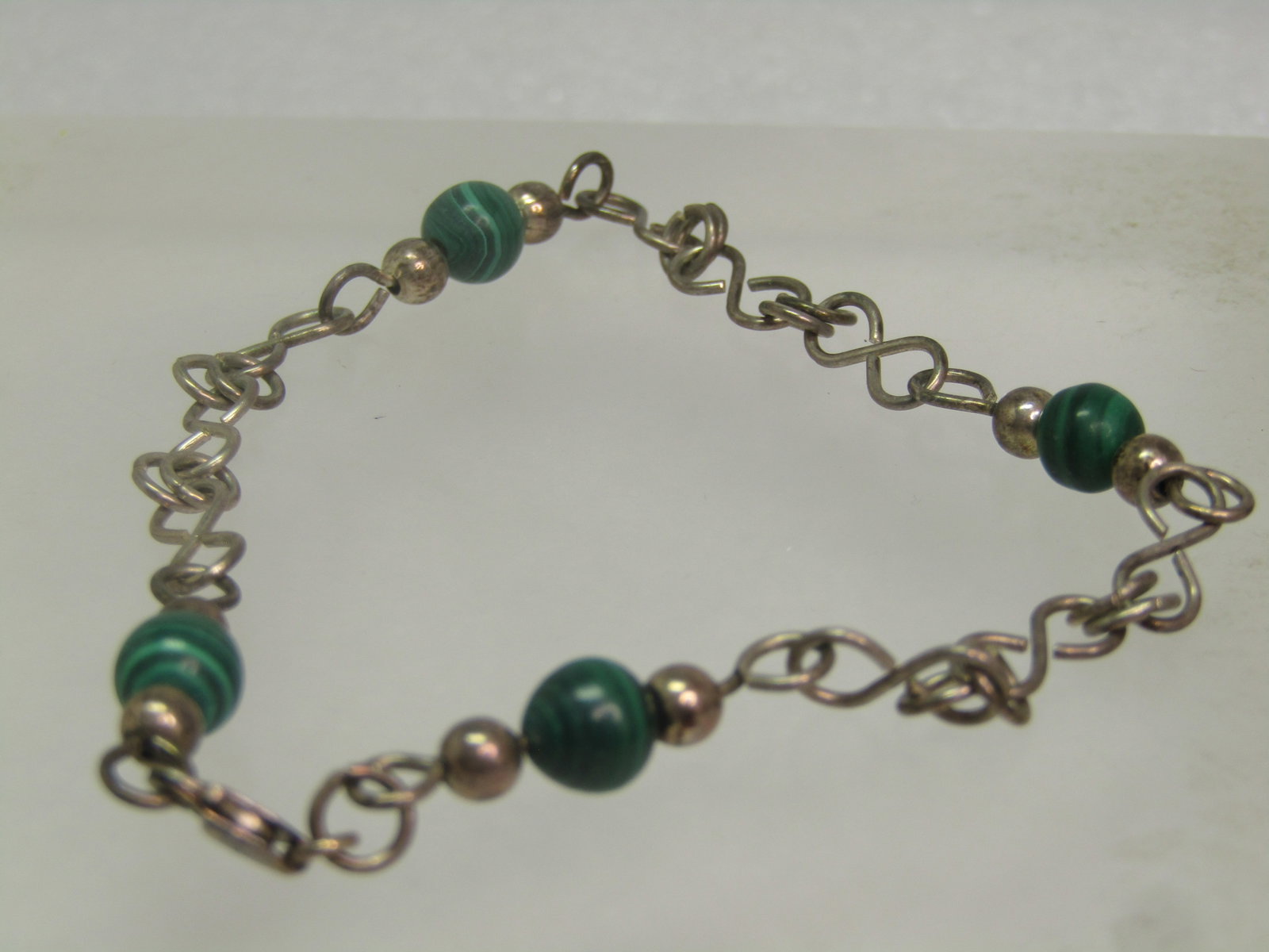 Vintage Sterling Malachite Beadede Bracelet, 8", Unisex, 1980's - 2