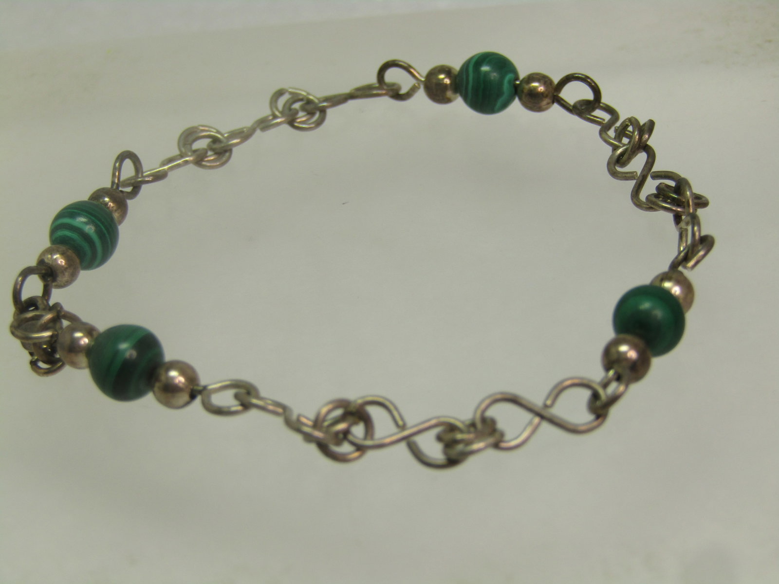 Vintage Sterling Malachite Beadede Bracelet, 8", Unisex, 1980's - 3