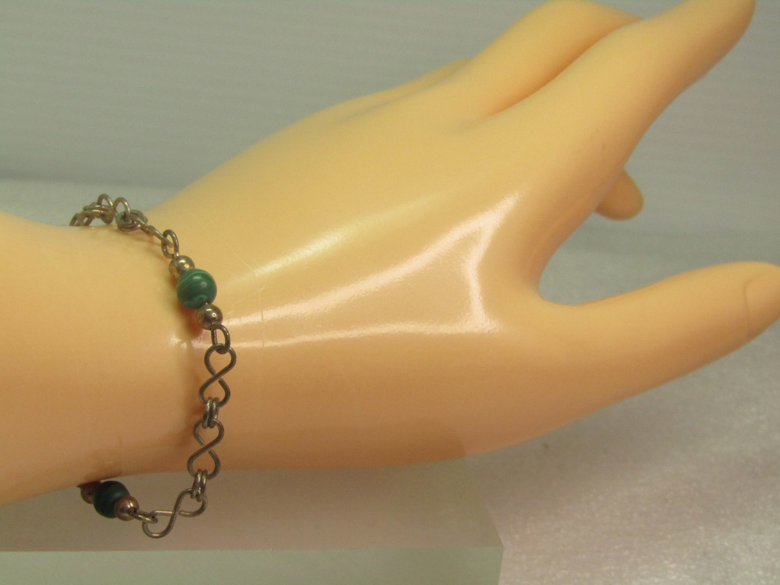 Vintage Sterling Malachite Beadede Bracelet, 8", Unisex, 1980's - 5