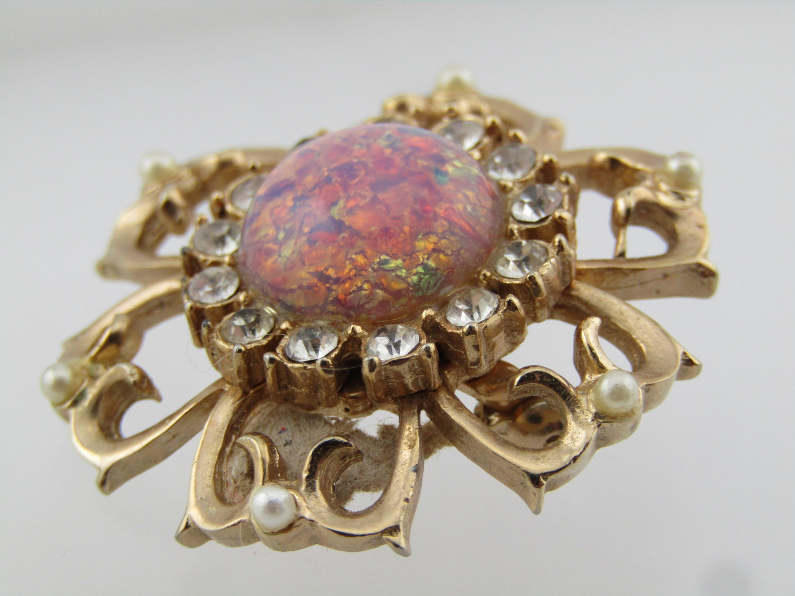 Vintage Faux Opal Rhinestone Blossom Brooch, Seed Pearls, 1950's-1960's - 2