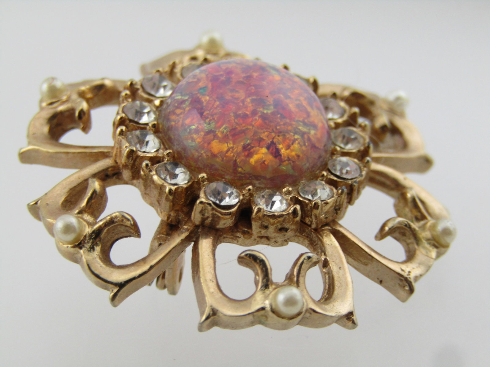 Vintage Faux Opal Rhinestone Blossom Brooch, Seed Pearls, 1950's-1960's - 3