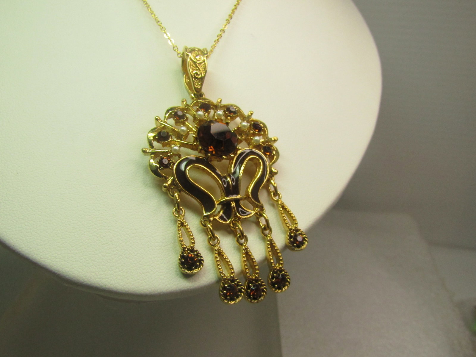 Vintage Brown Rhinestone, Faux Pearl Necklace, Enameled Accent, 16", 1980's-1990's - 2