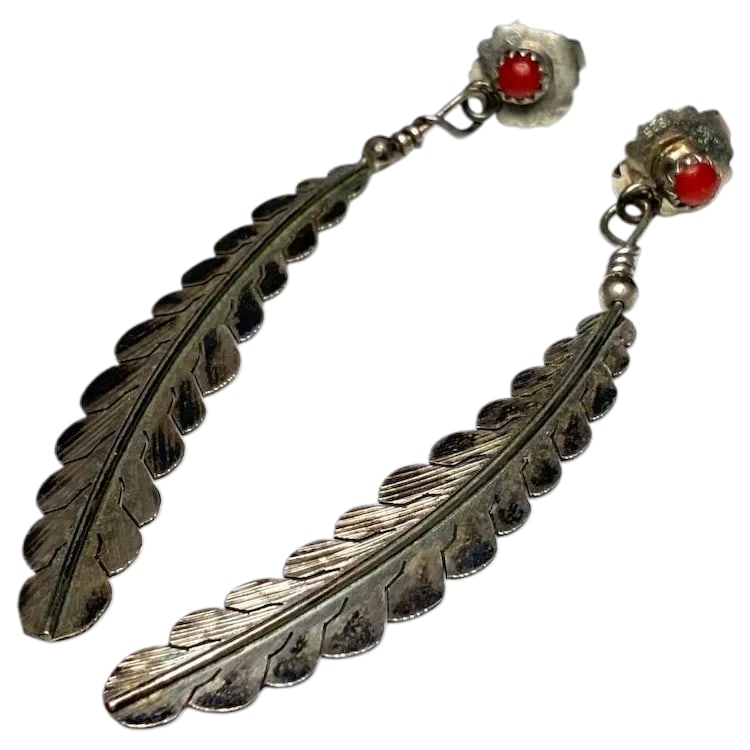 Vintage Native American Oversized Sterling Silver Feather and Coral Statement Earrings (1 of 6)