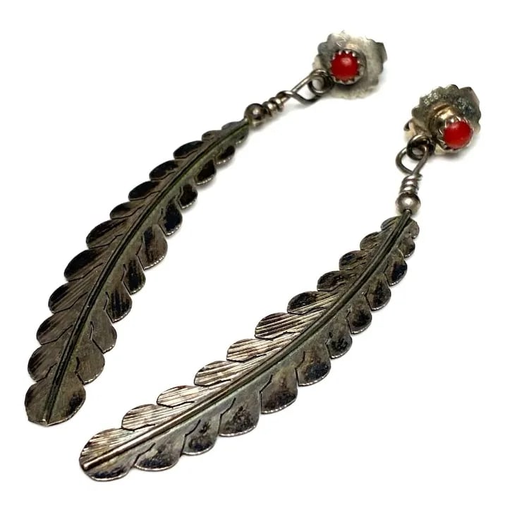 Vintage Native American Oversized Sterling Silver Feather and Coral Statement Earrings - 2