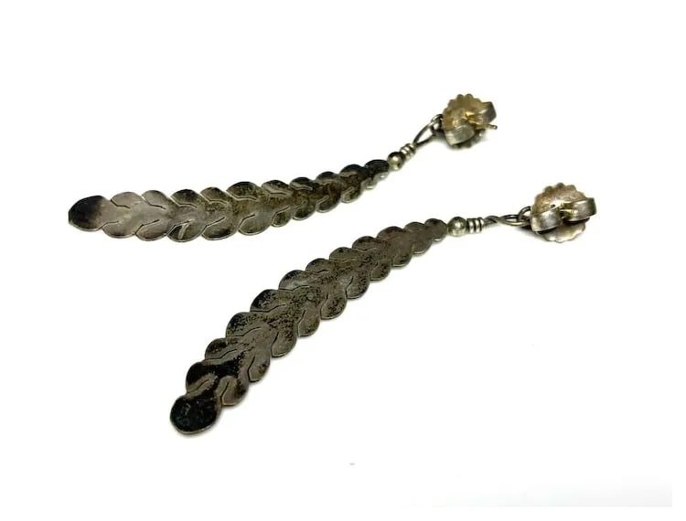 Vintage Native American Oversized Sterling Silver Feather and Coral Statement Earrings - 3