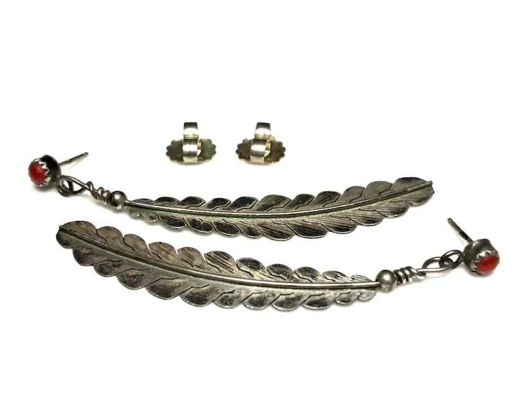 Vintage Native American Oversized Sterling Silver Feather and Coral Statement Earrings - 4