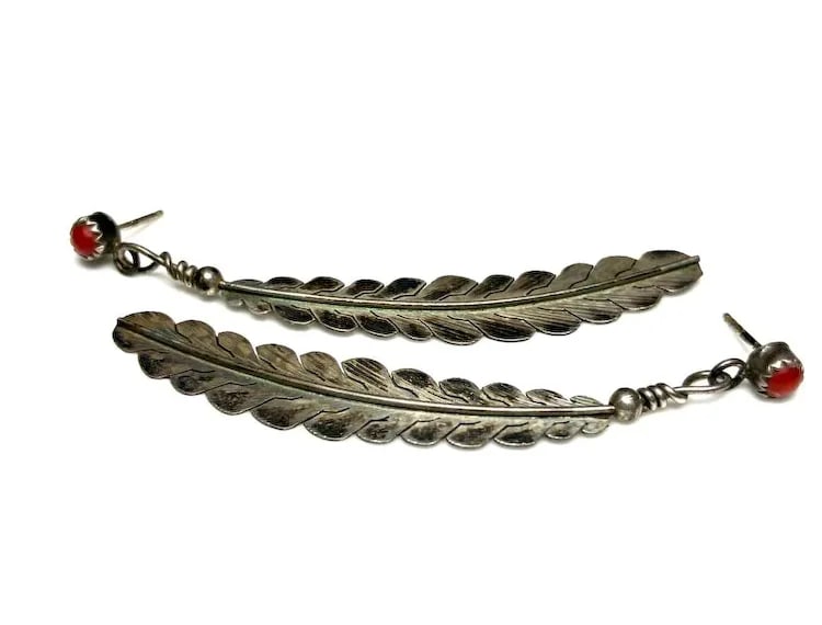 Vintage Native American Oversized Sterling Silver Feather and Coral Statement Earrings - 5