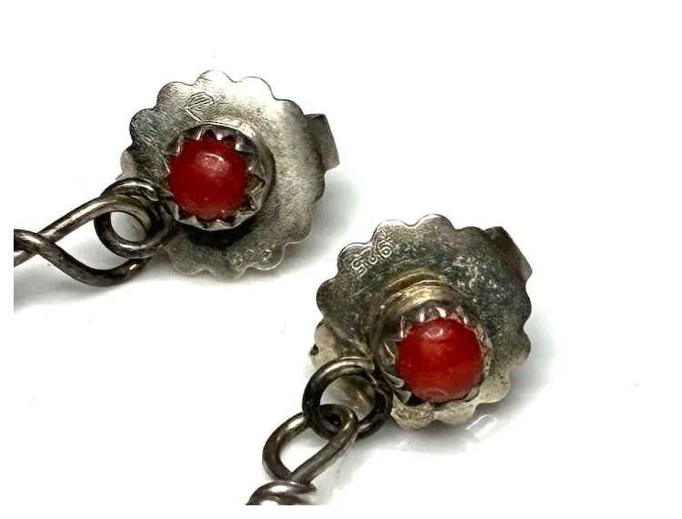Vintage Native American Oversized Sterling Silver Feather and Coral Statement Earrings - 6