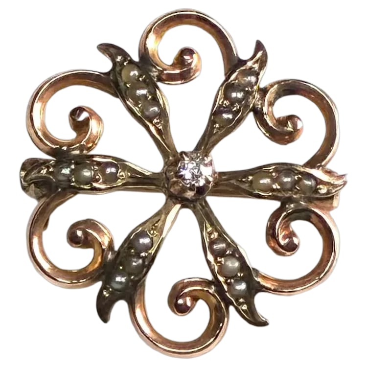 Victorian 10k Gold Diamond Seed Pearl Brooch (1 of 8)
