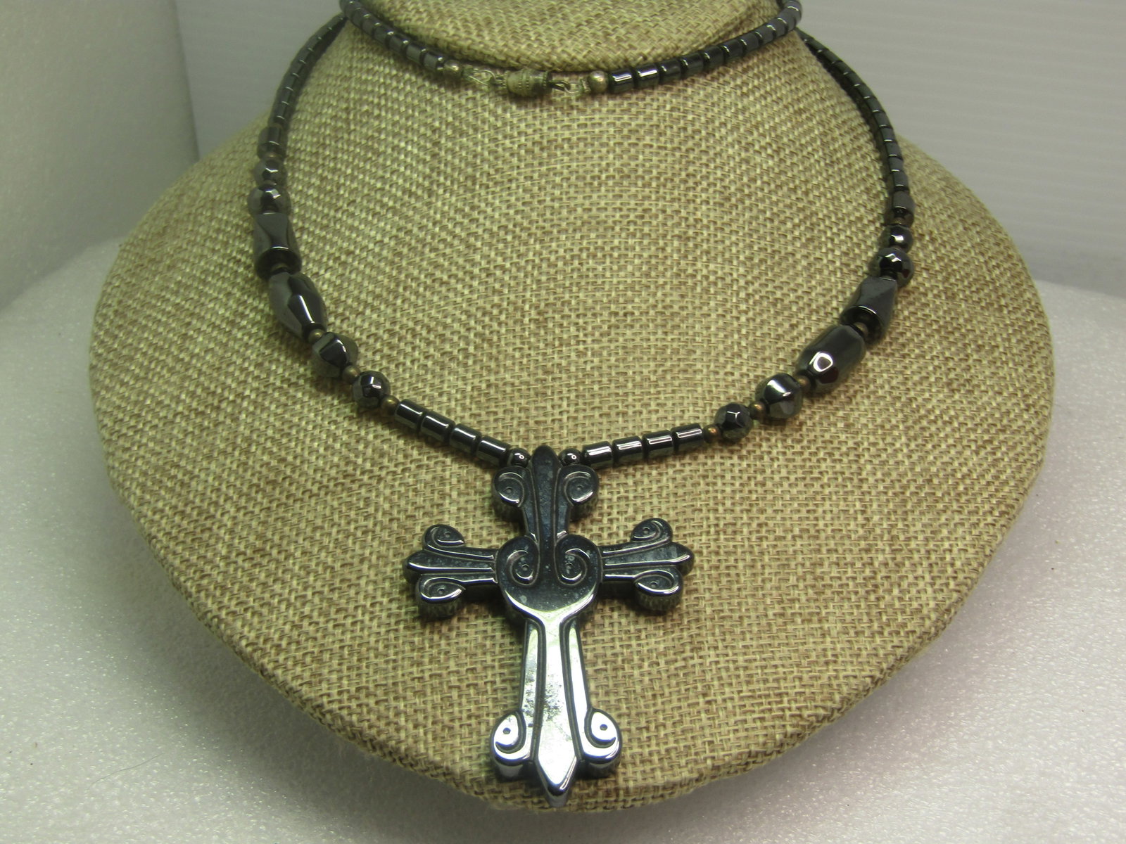 Hematite Carved Cross Beaded Necklace, 26", 1980's-1990's - 2