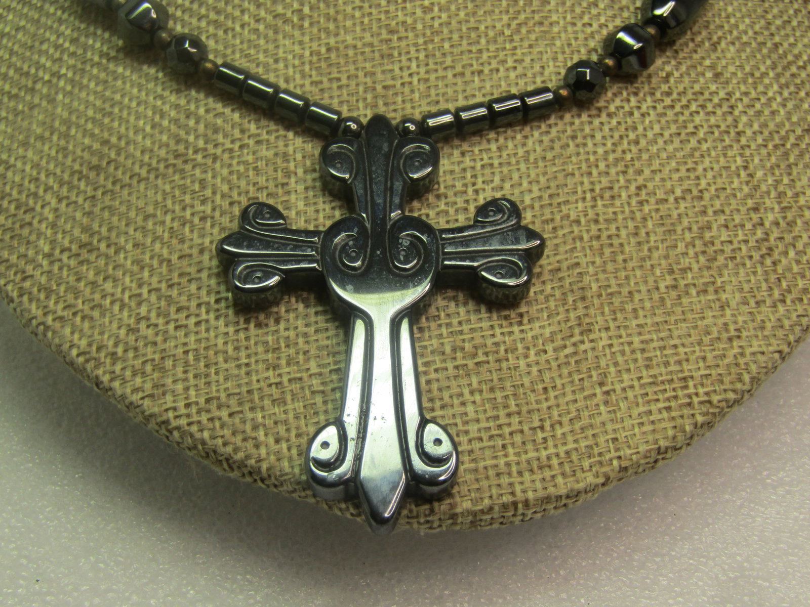 Hematite Carved Cross Beaded Necklace, 26", 1980's-1990's - 3