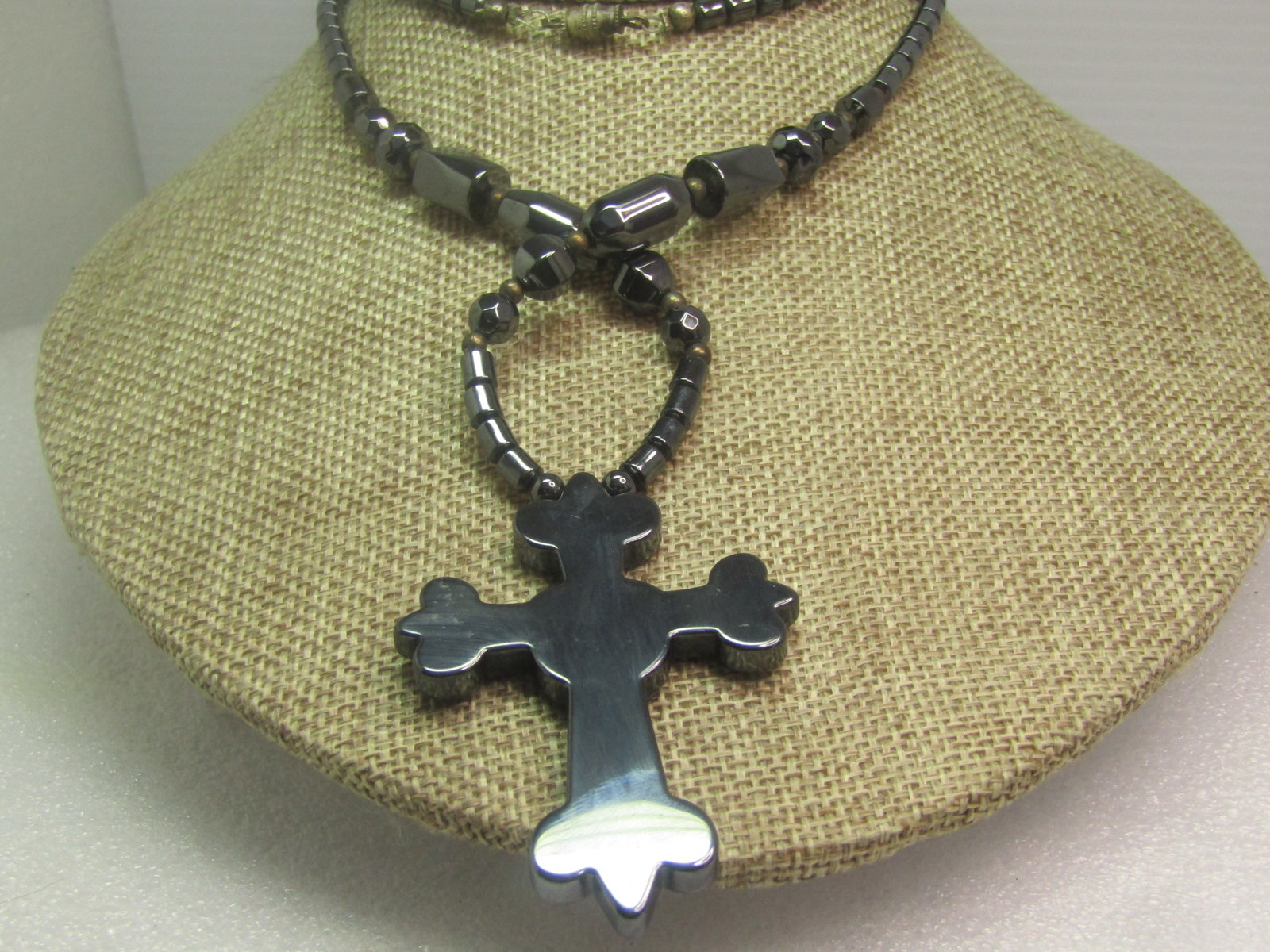 Hematite Carved Cross Beaded Necklace, 26", 1980's-1990's - 4