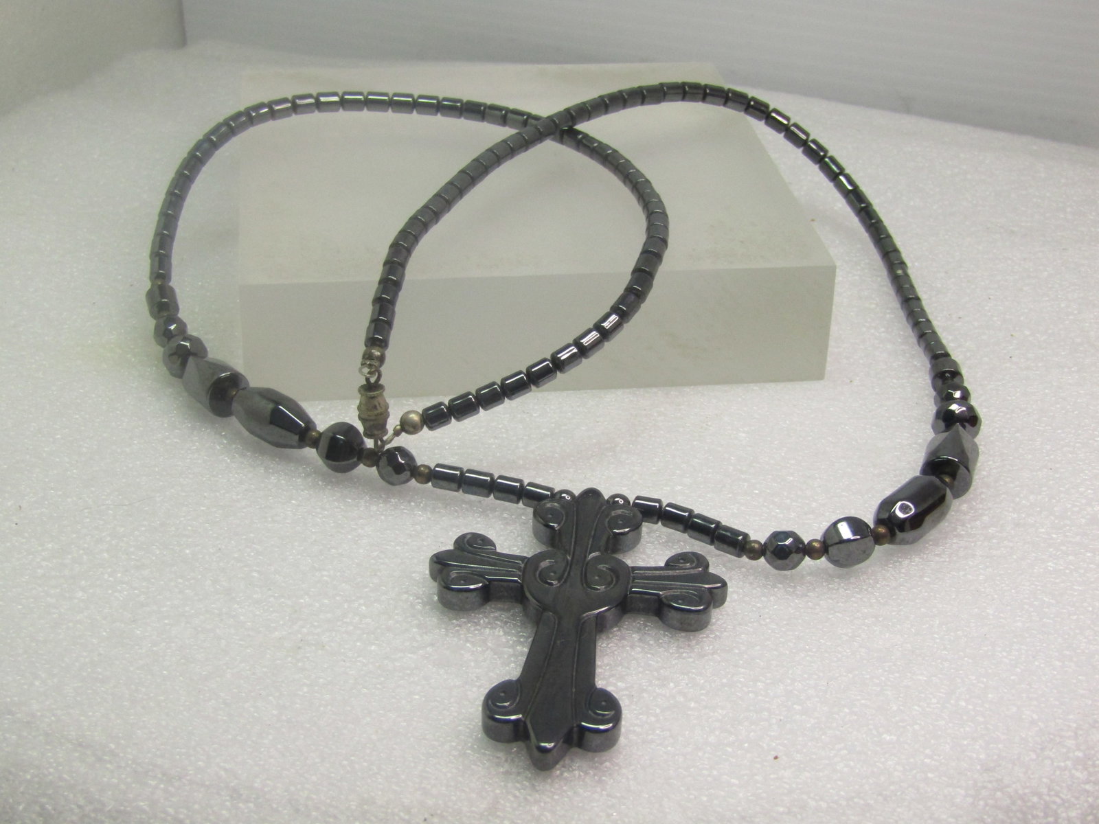 Hematite Carved Cross Beaded Necklace, 26", 1980's-1990's - 5