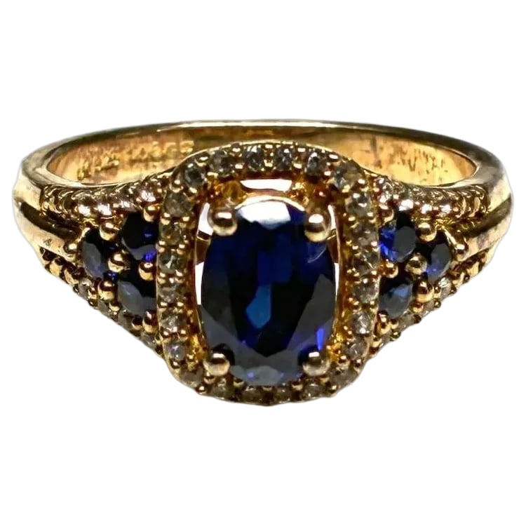 Estate 14k Gold Over SterlingSilver Lab-Created Blue and White Sapphire Oval Halo Ring: Title: Estate 14k Gold Over SterlingSilver Lab-Created Blue and White Sapphire Oval Halo Ring Description: Estate 14k Gold Over SterlingSilver Lab-Created Blue and White Sapphire Oval Halo Ring