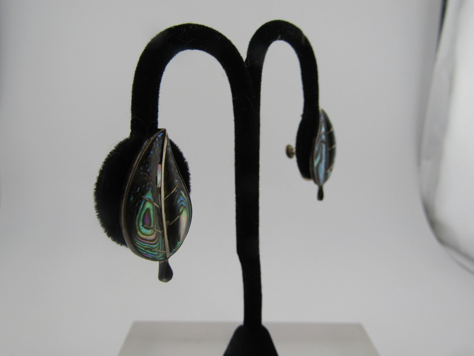 Vintage Sterling Inlaid Abalone Leaf Earrings, Screwback, Mexico, 1960's-1970's - 3