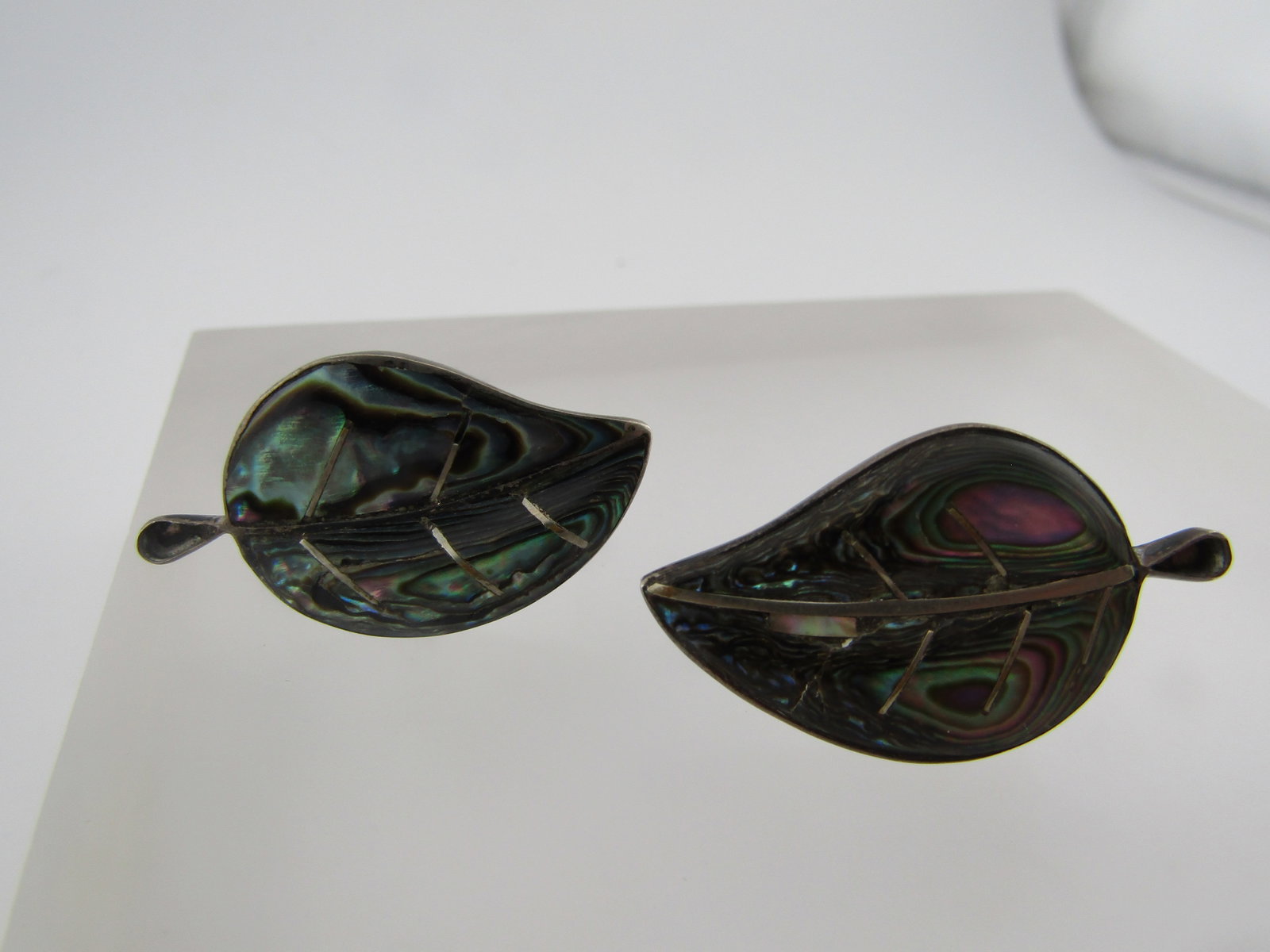 Vintage Sterling Inlaid Abalone Leaf Earrings, Screwback, Mexico, 1960's-1970's - 5