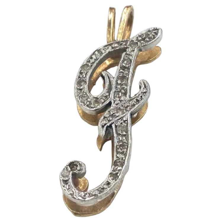 Vintage 14k Two Tone Yellow and White Gold and Diamond Cursive Initial Letter F Pendant Charm (1 of 6)