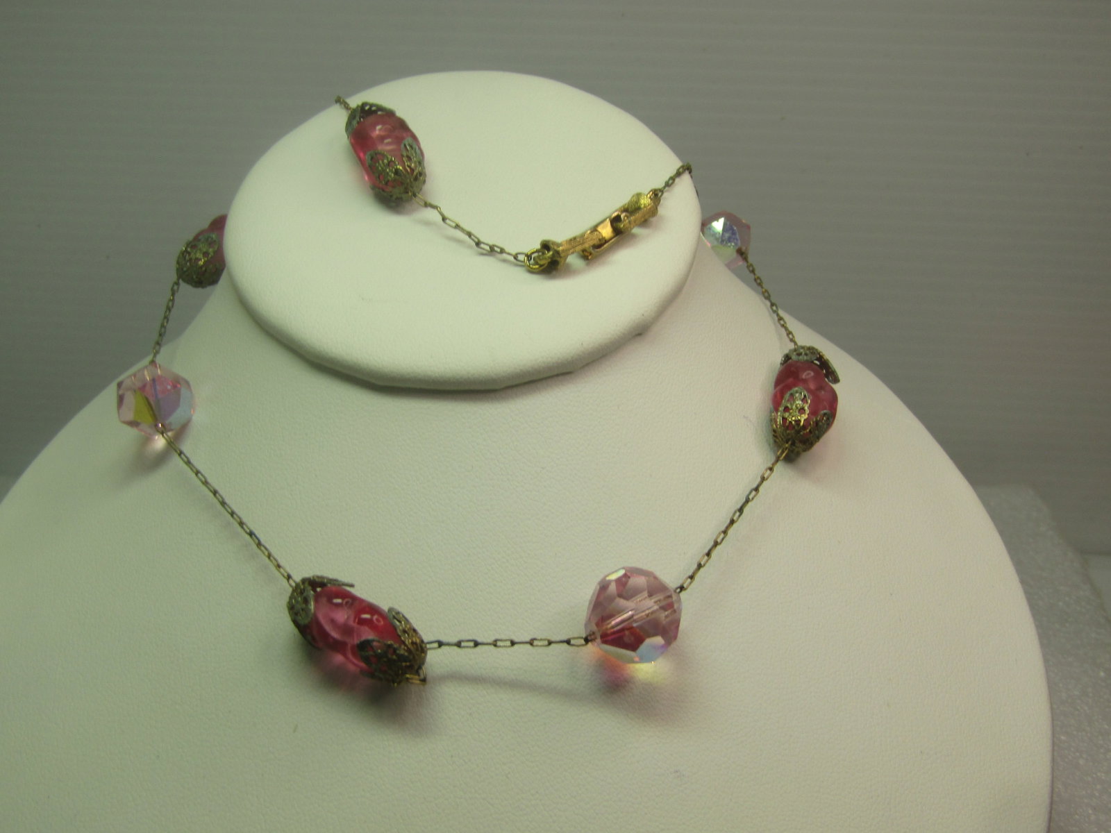 Vintage Pink Czech Glass Beaded Necklace, 23", 1950's: Vintage Pink Czech Glass Beaded Necklace, 23", 1950's. The glass is believed to be Czech glass - there are pink dimpled glass beads that are appx. 3/4" long and nearly 1/2" thick with filigree end