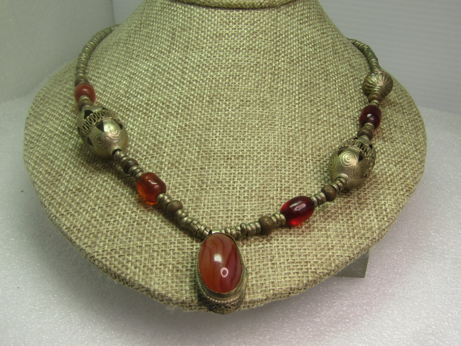 Vintage Mid-Eastern/Bedouin, Moroccan Agate Metal Beaded Necklace, 21" - 2