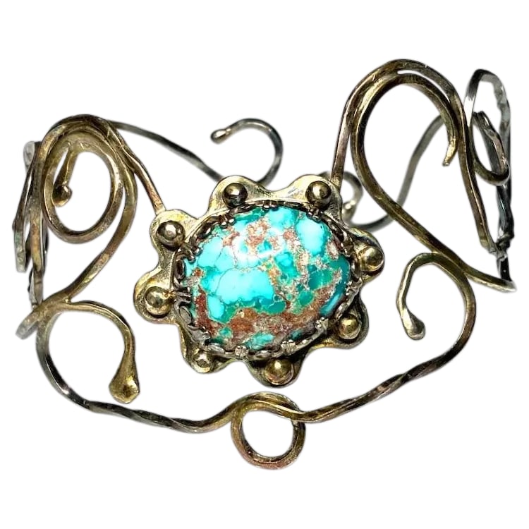 Vintage Handmade Navajo Sterling Silver and Turquoise Cuff Bracelet Signed NL (1 of 5)