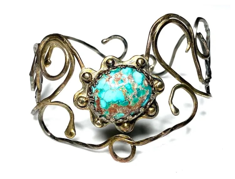 Vintage Handmade Navajo Sterling Silver and Turquoise Cuff Bracelet Signed NL - 2