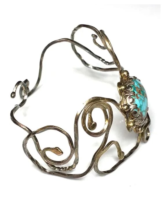 Vintage Handmade Navajo Sterling Silver and Turquoise Cuff Bracelet Signed NL - 3