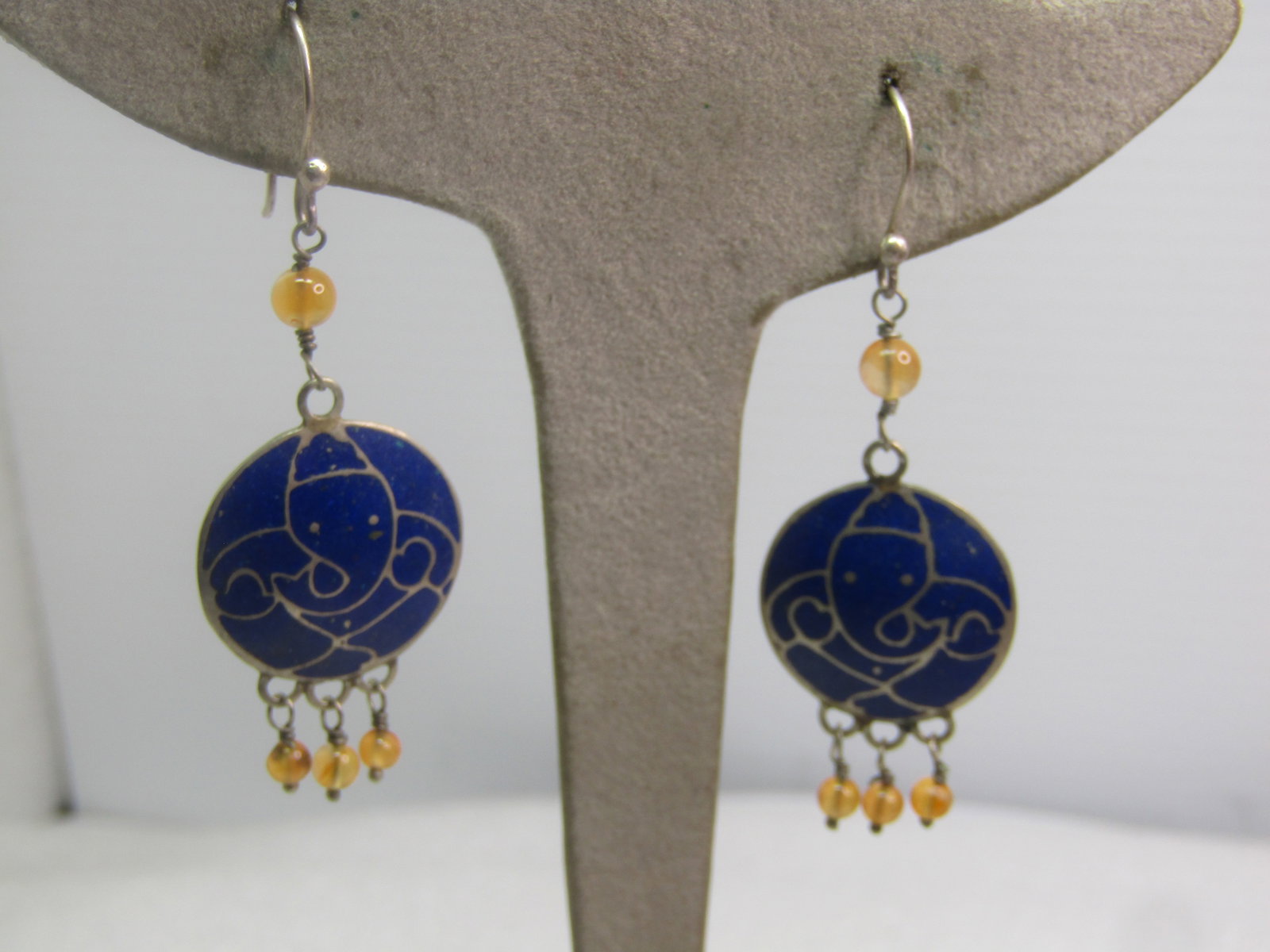 Vintage Sterling Blue Enameled Earrings, Pierced with Dangles, 1980's-1990's: Vintage Sterling Blue Enameled Earrings, Pierced with Dangles, 1980's-1990's. The hook posts test as sterling - the blue discs don ot. They have a pale orange 4mm glass bead between the hook and the