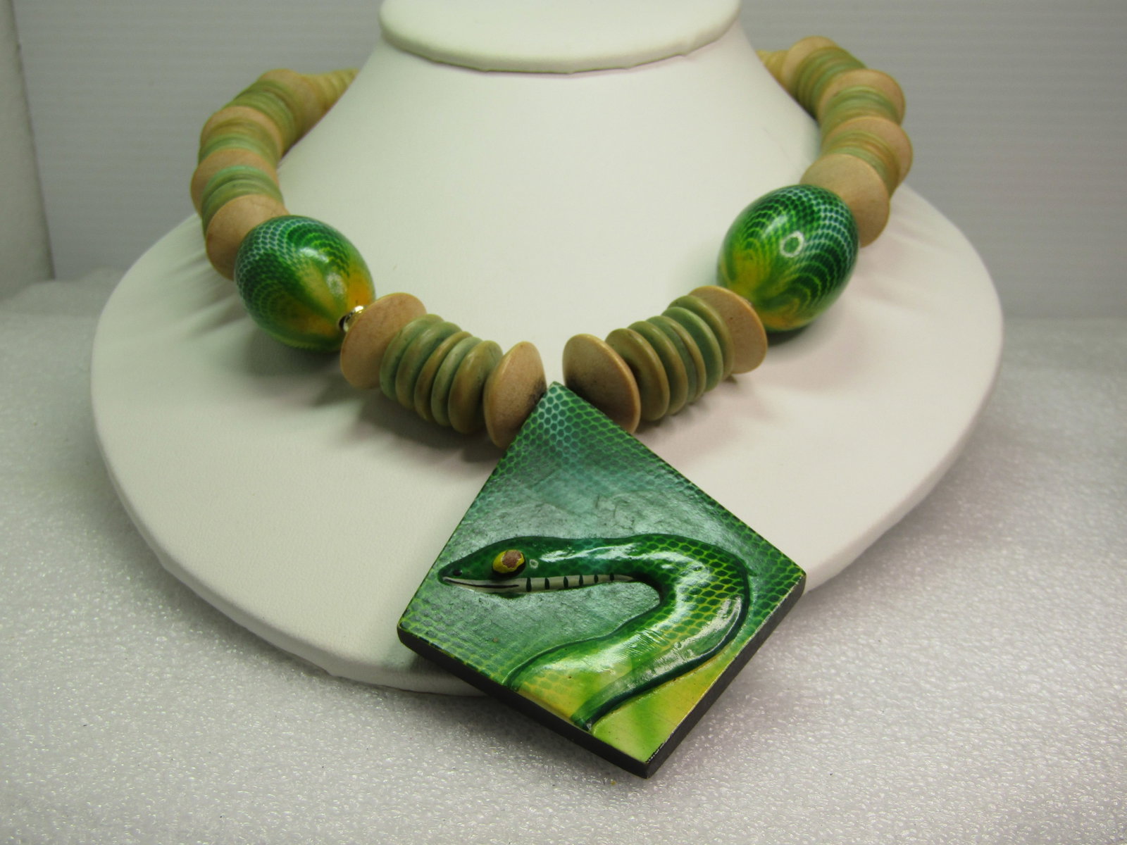Vintage Natural Wood Carved Snake Beaded Necklace, 22", 1970's - 2