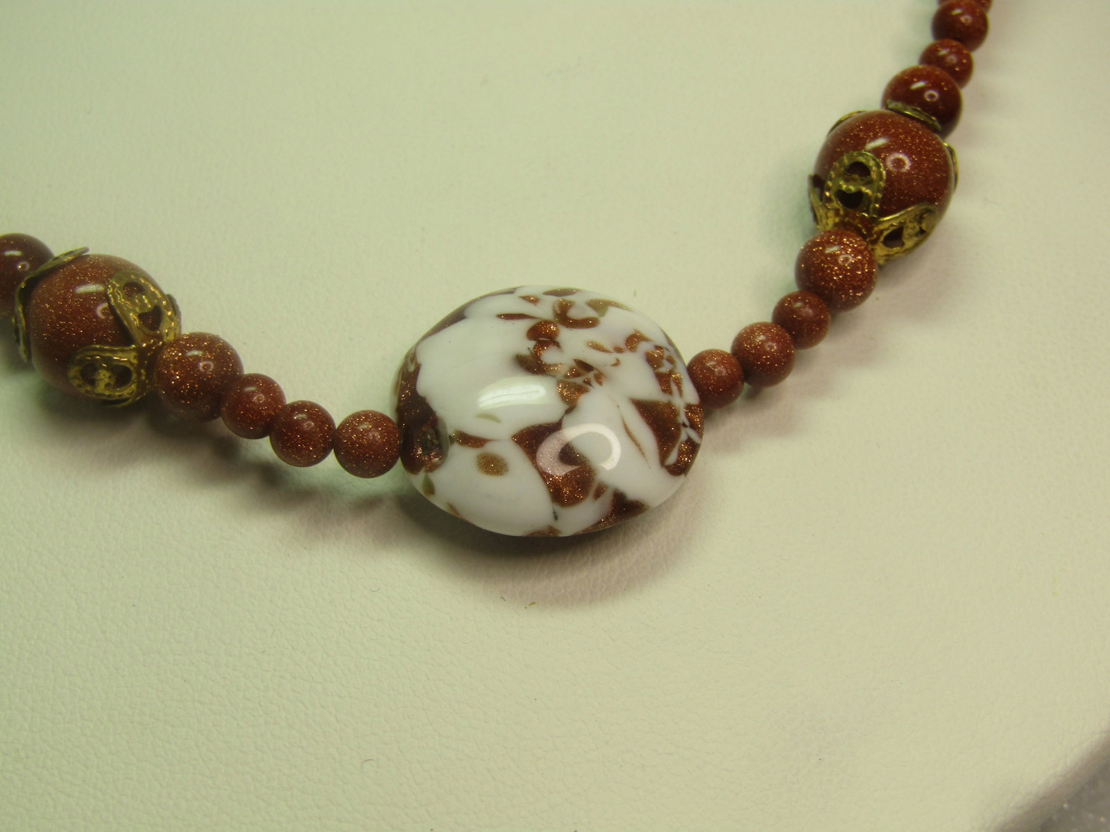 Vintage Gold stone and Coppery Glass Beaded Necklace, 20", 1980's-1990's - 2