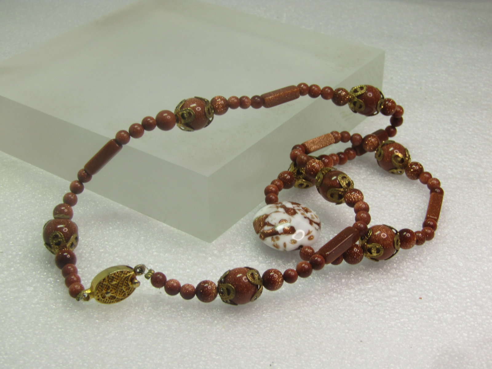 Vintage Gold stone and Coppery Glass Beaded Necklace, 20", 1980's-1990's - 4