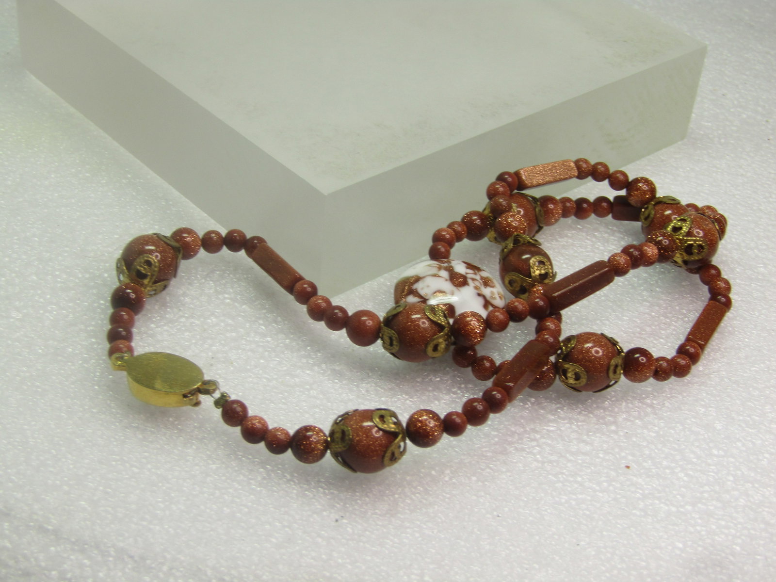 Vintage Gold stone and Coppery Glass Beaded Necklace, 20", 1980's-1990's - 6