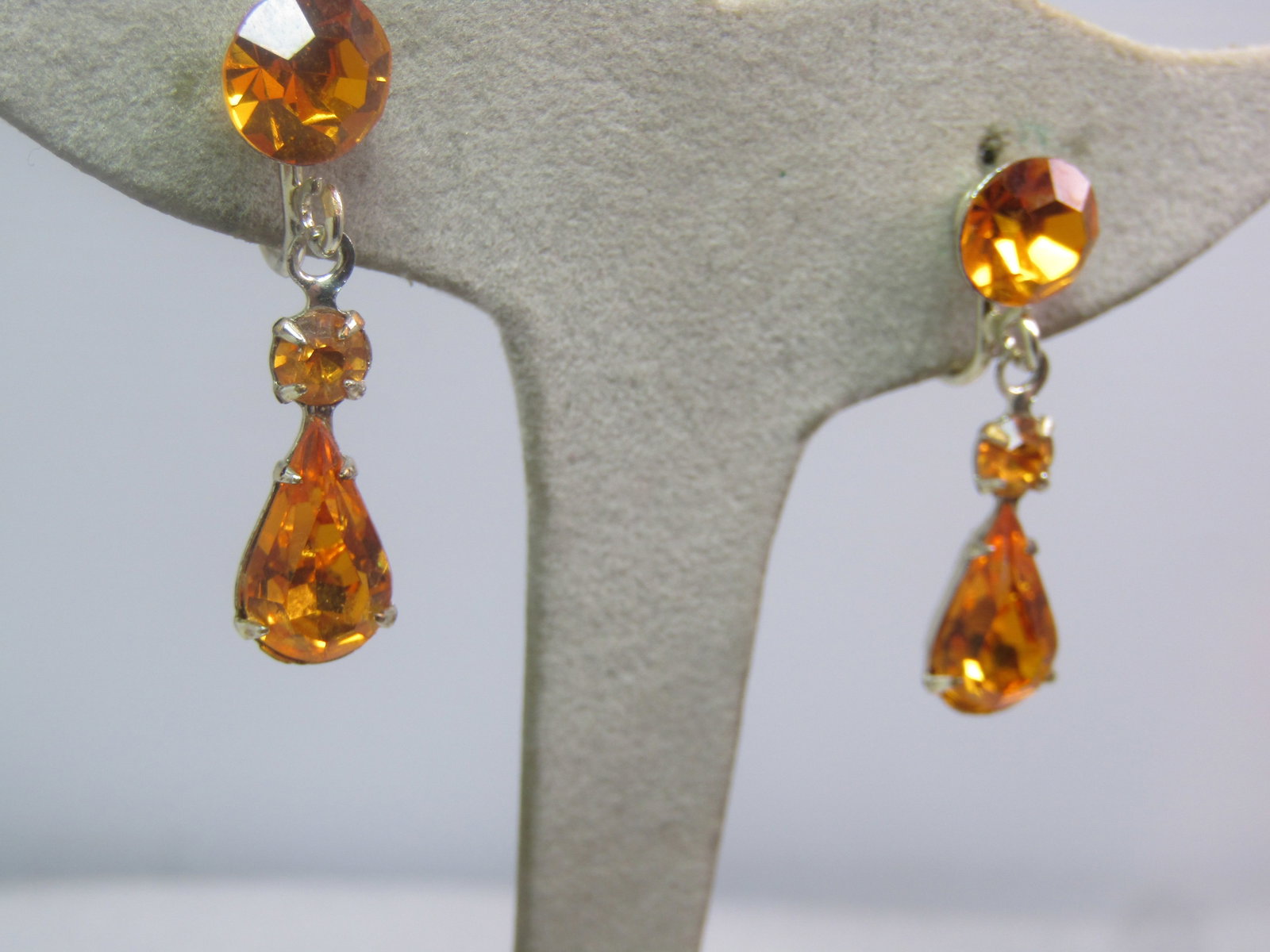 Vintage Orange Rhinestone Stud/Drop Earrings, Screwback, 1960's-1980's - 2