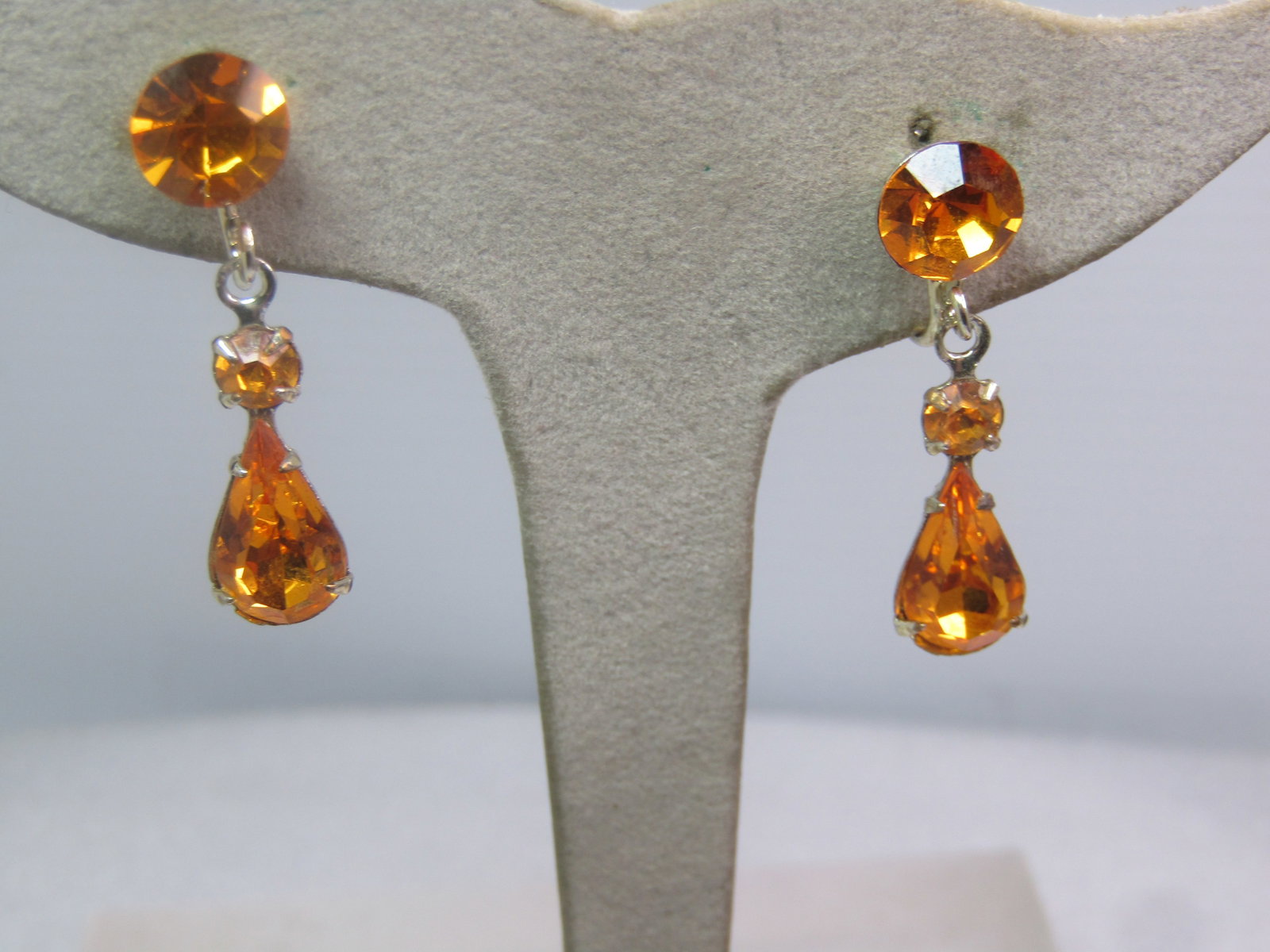 Vintage Orange Rhinestone Stud/Drop Earrings, Screwback, 1960's-1980's - 3