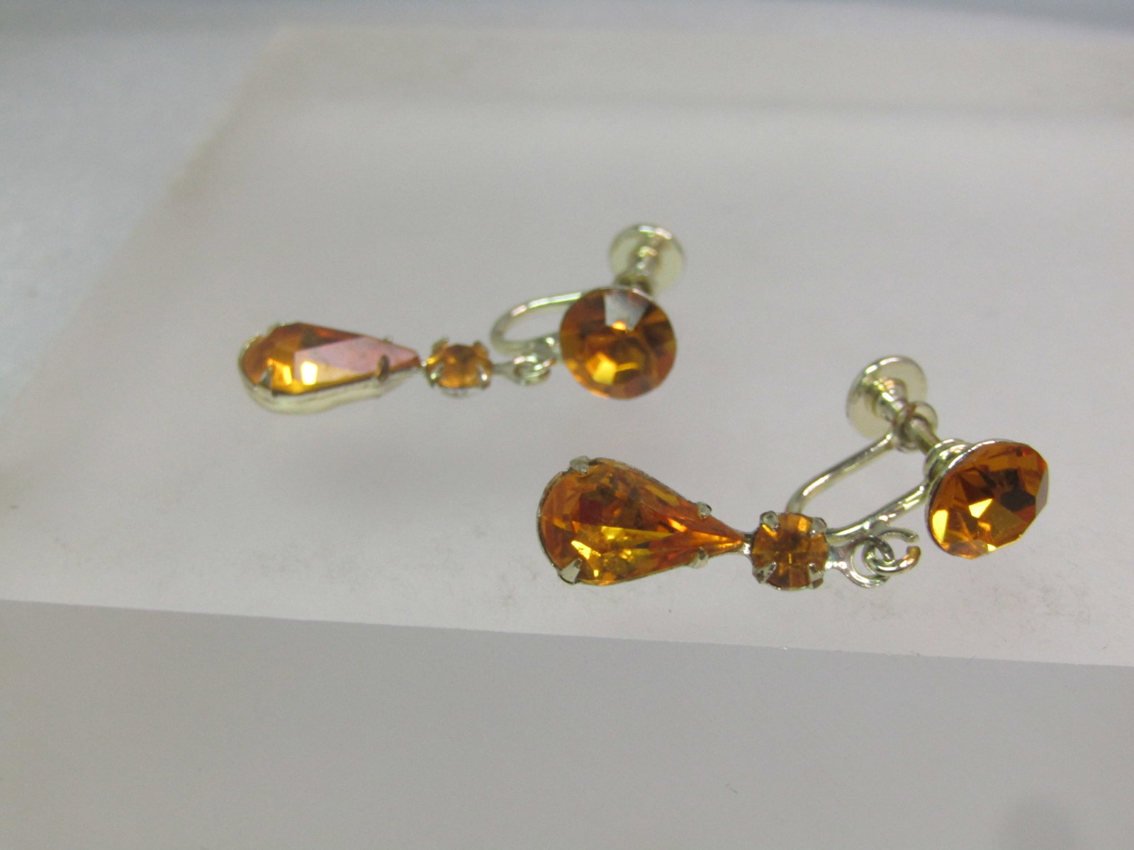 Vintage Orange Rhinestone Stud/Drop Earrings, Screwback, 1960's-1980's - 5