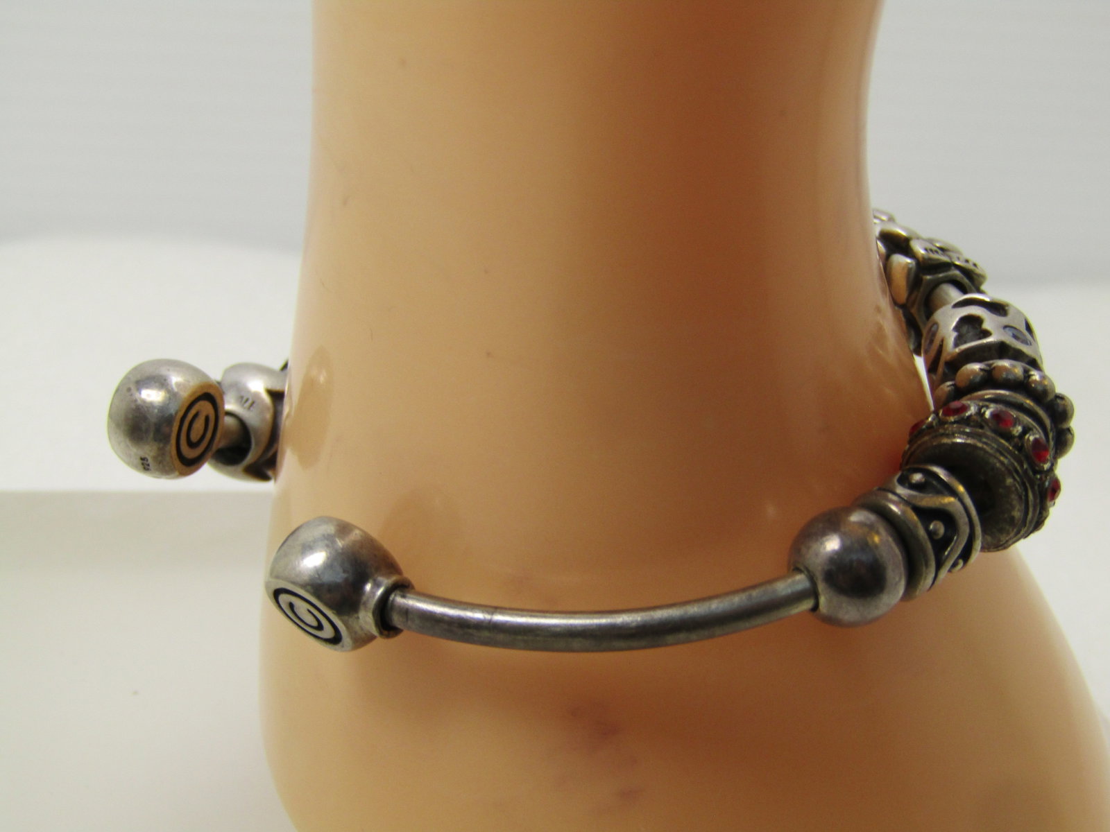 Vintage Sterling Cham Signed Slide Cuff Bracelet, Pandora, Cham, LLA Charms, 7", 1990's - 2
