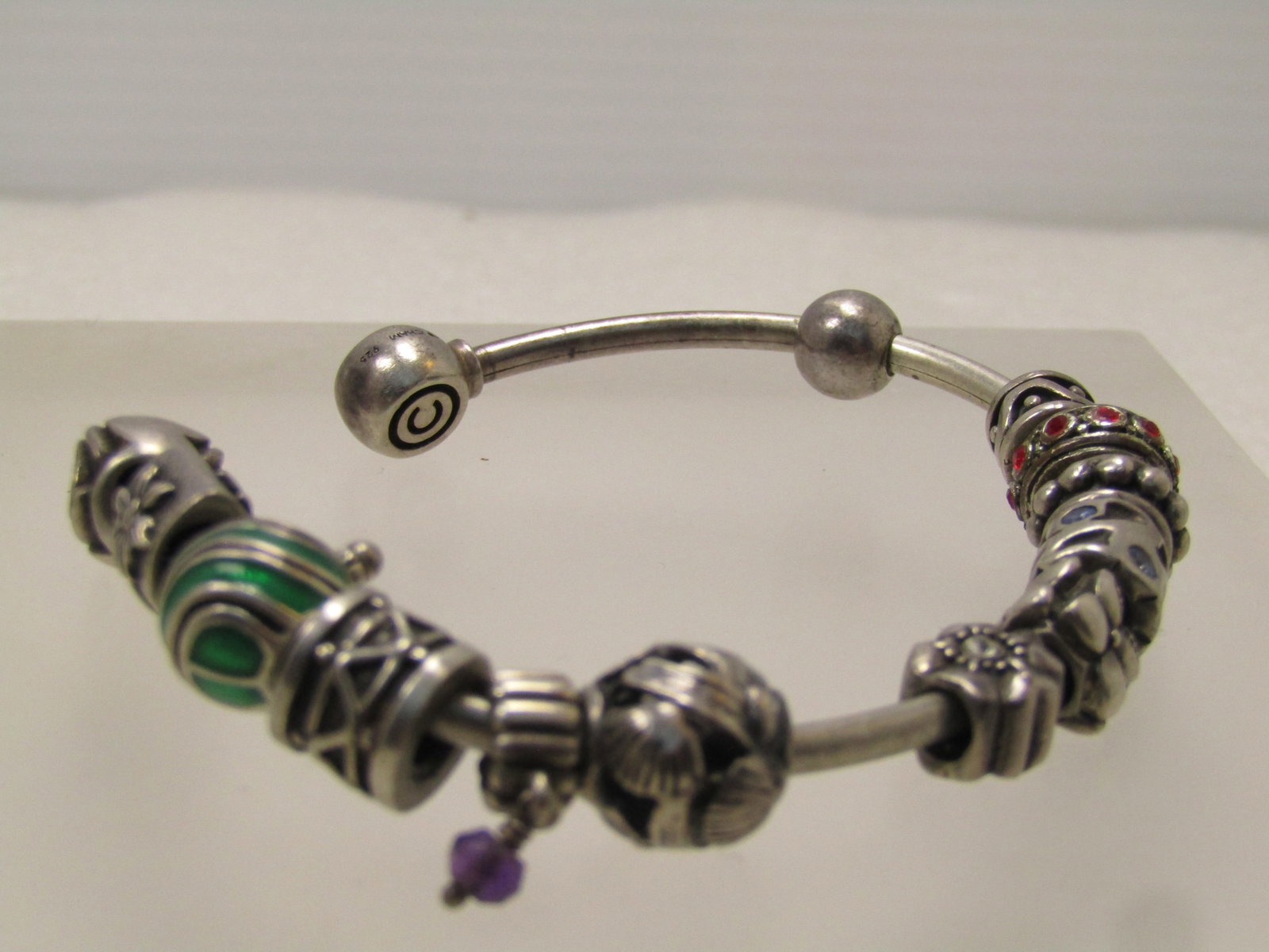 Vintage Sterling Cham Signed Slide Cuff Bracelet, Pandora, Cham, LLA Charms, 7", 1990's - 6