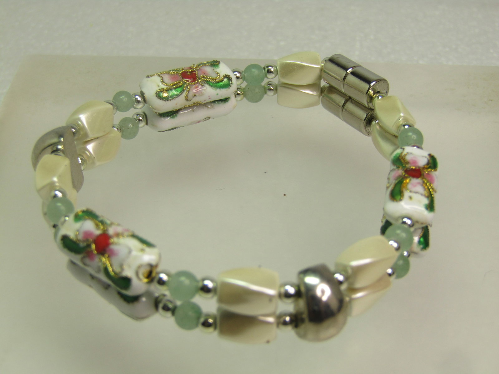 Vintage Cloisonne Double Strand Bracelet, Mixed Beads, 6.5", 1980's - 2