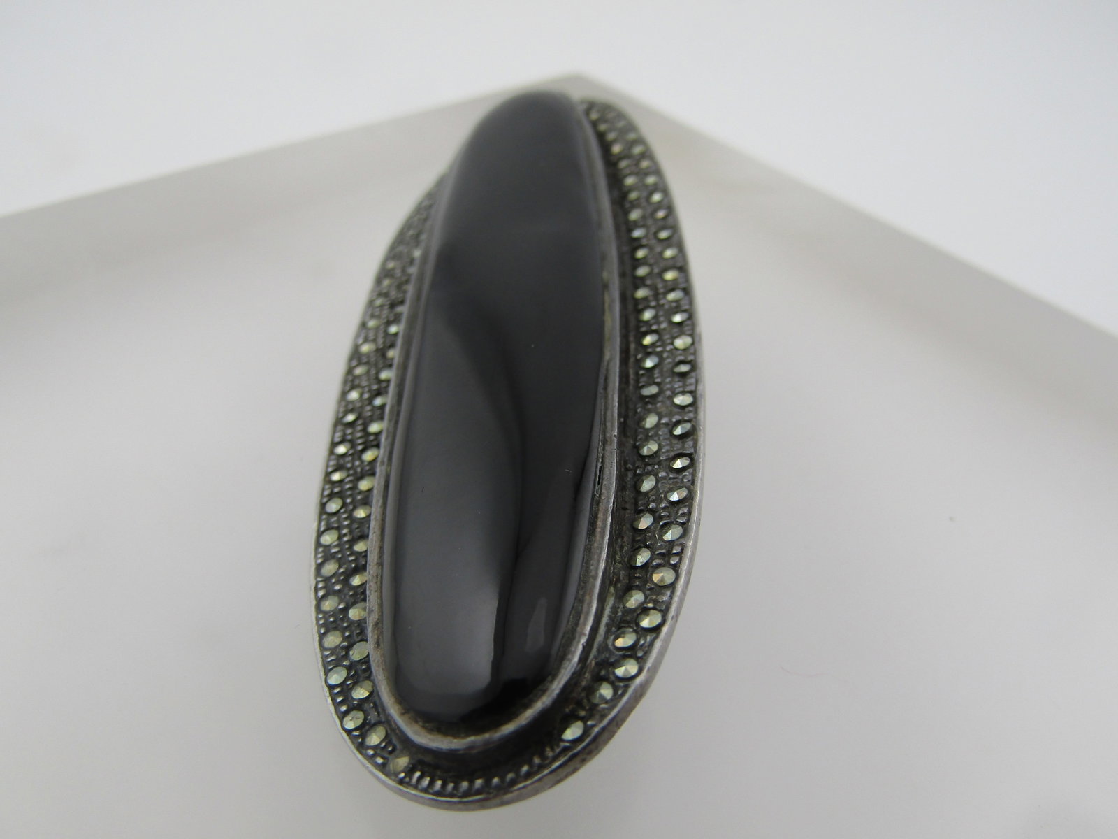 Vintage Sterling Onyx Marcasite Oval Brooch, 3", 1980's - 2