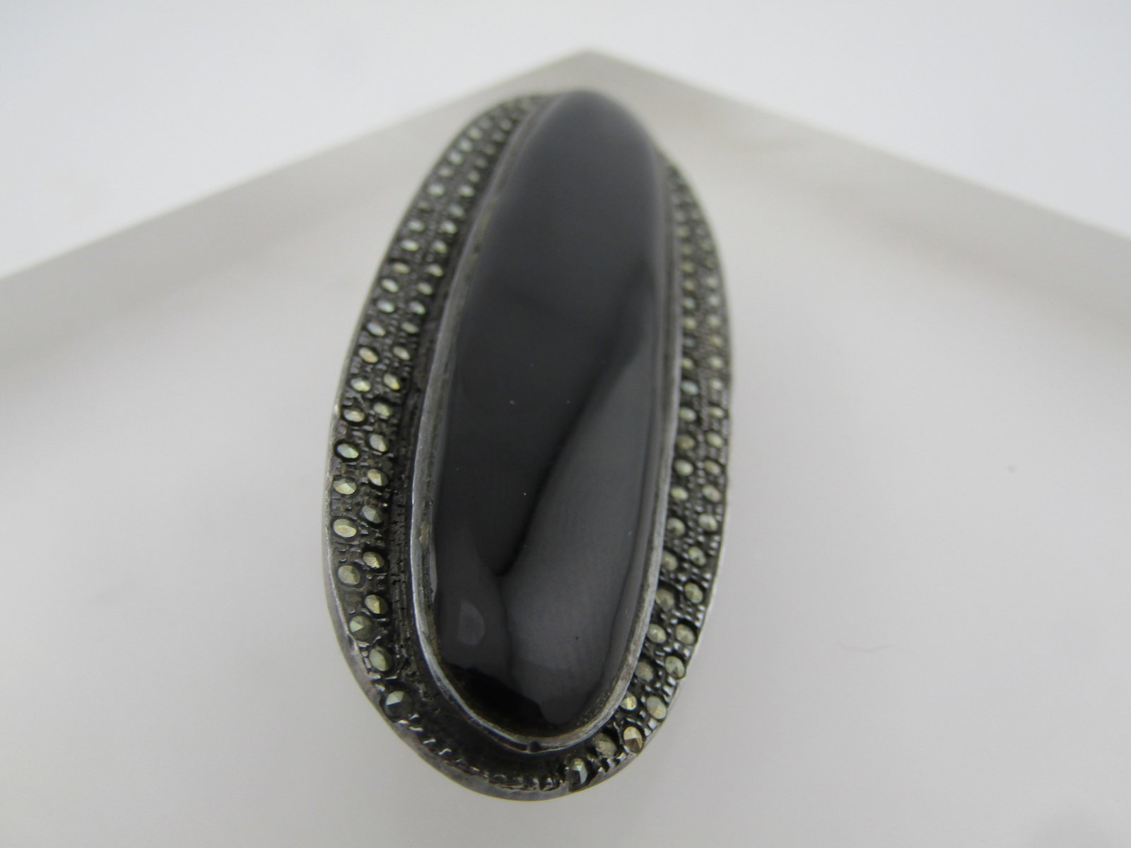 Vintage Sterling Onyx Marcasite Oval Brooch, 3", 1980's - 3