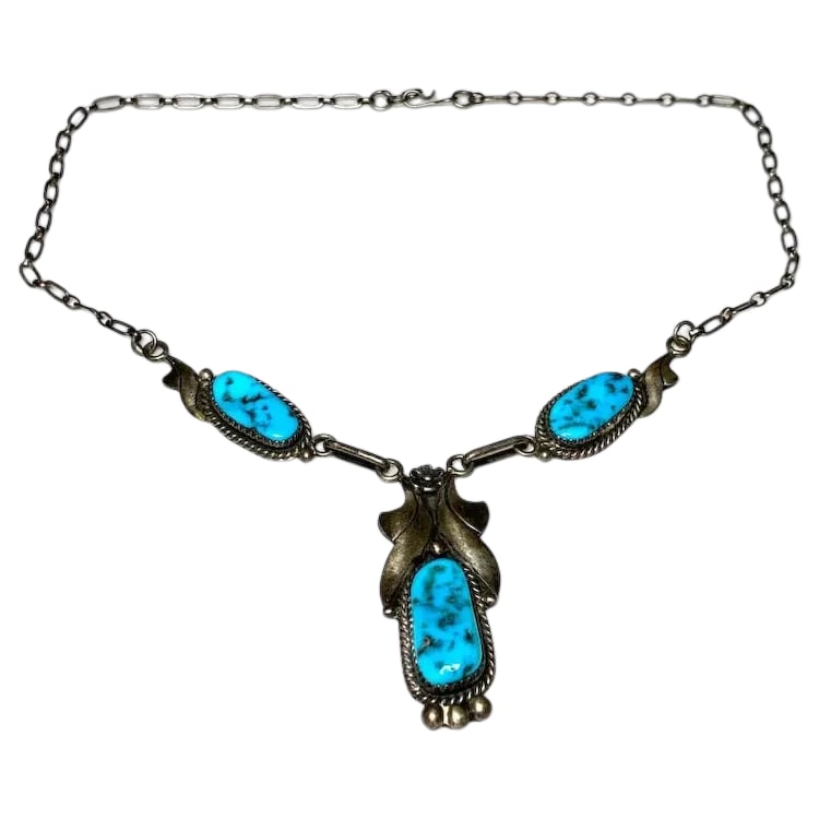 Vintage Handmade Sterling Silver Navajo Turquoise Necklace Signed R (1 of 8)
