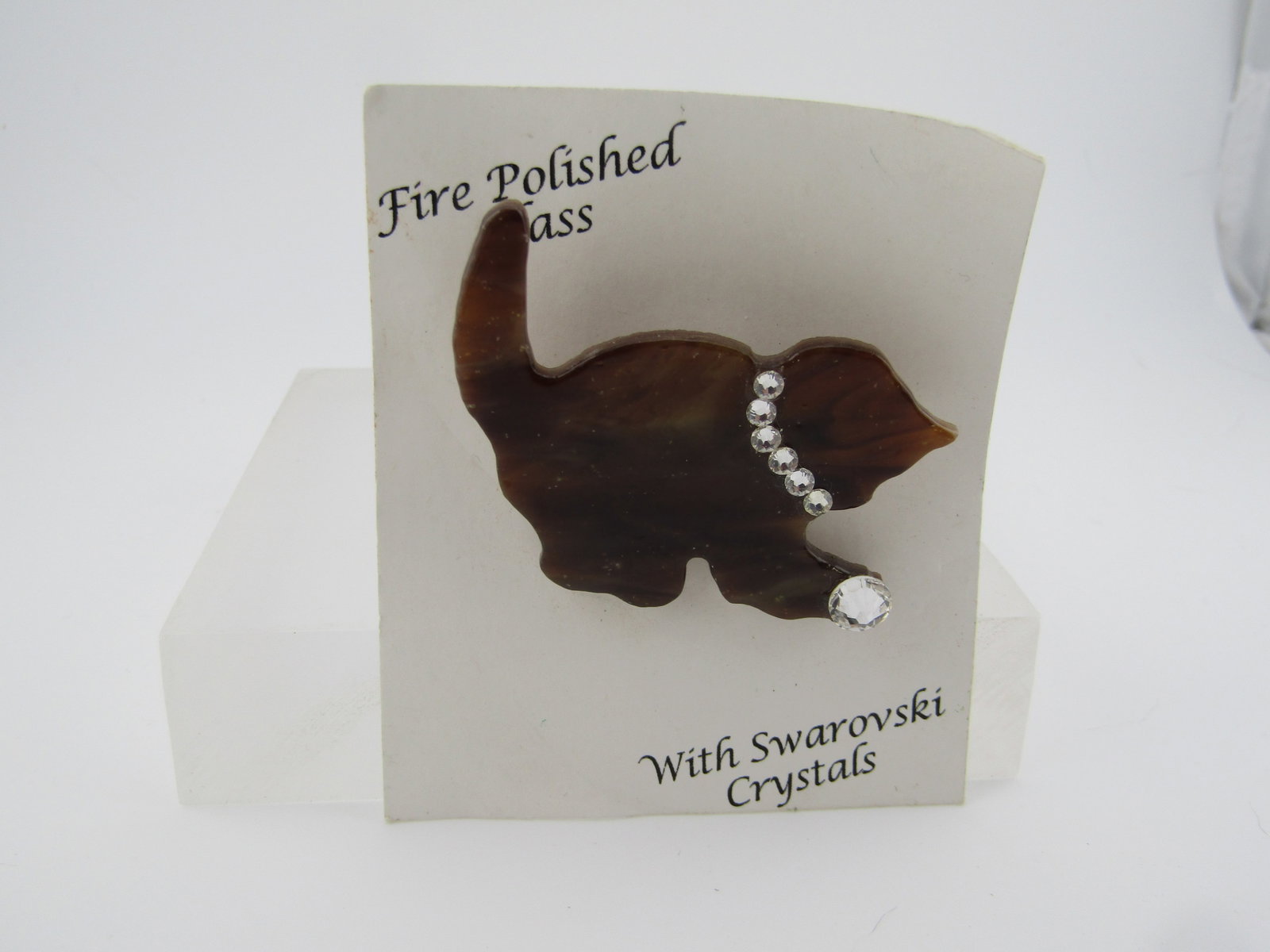 Vintage Fire Glass Cat Brooch, Swarovski Crystals, 1980's-1990's (1 of 5)
