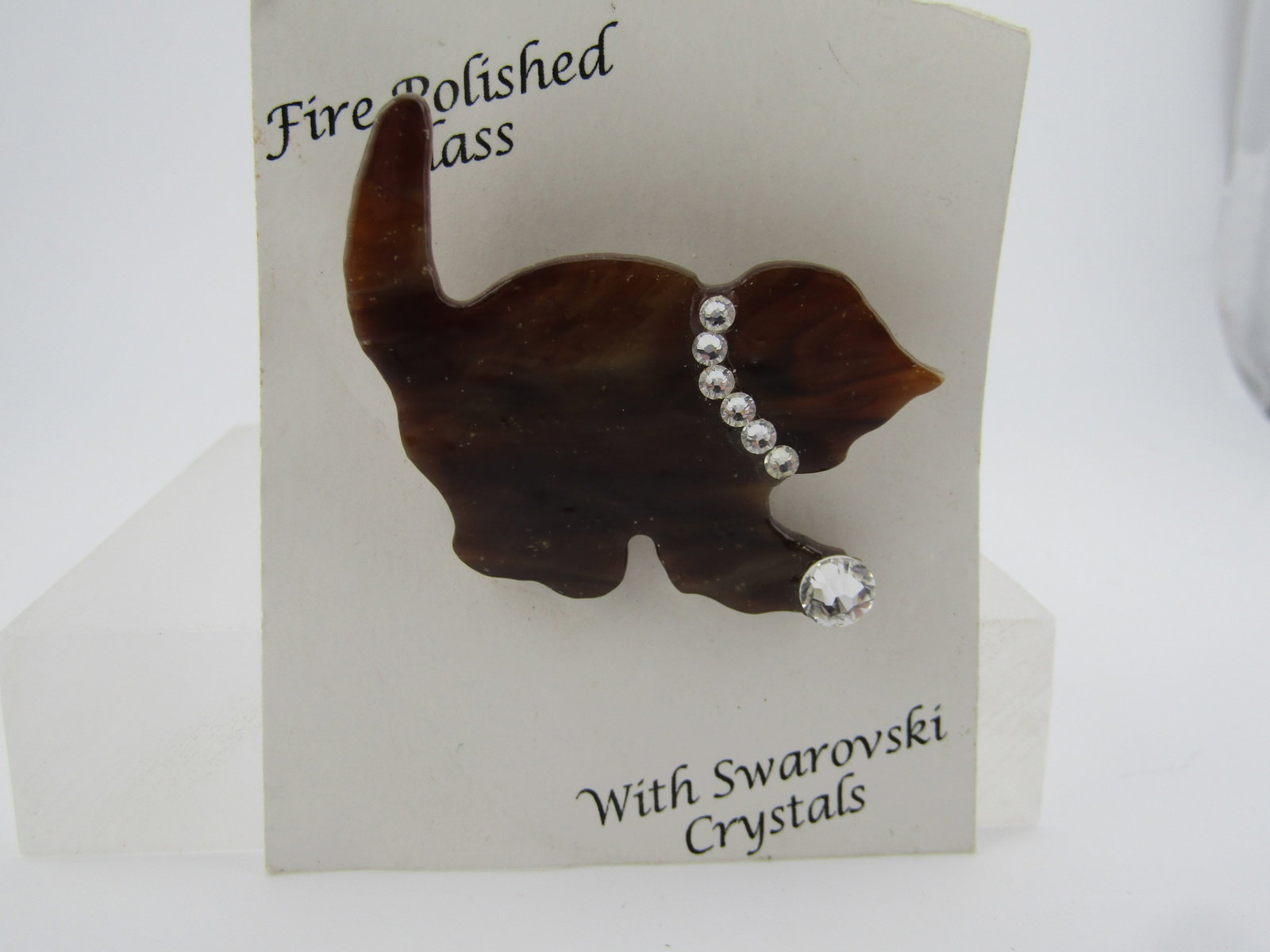 Vintage Fire Glass Cat Brooch, Swarovski Crystals, 1980's-1990's - 2