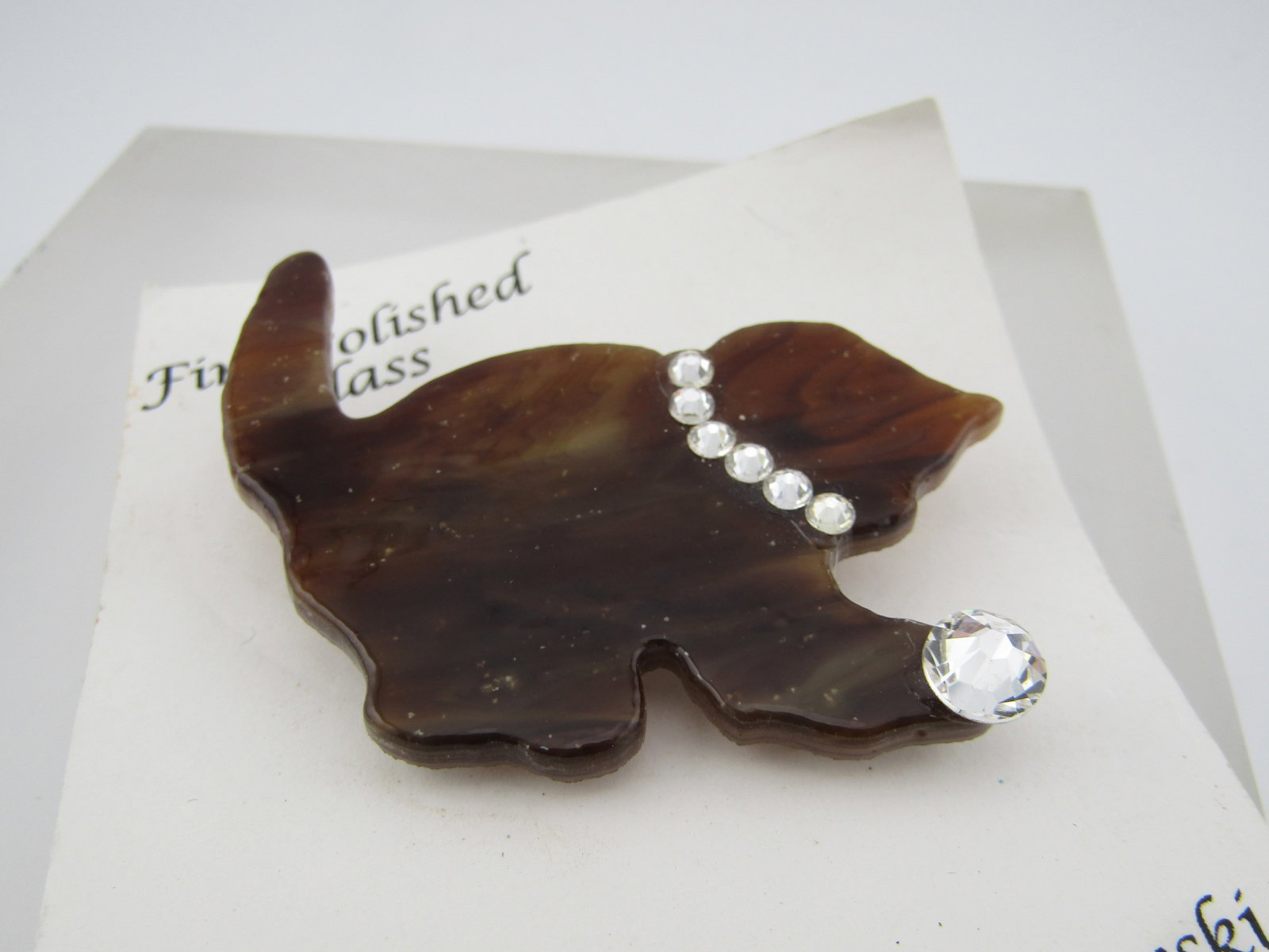 Vintage Fire Glass Cat Brooch, Swarovski Crystals, 1980's-1990's - 3
