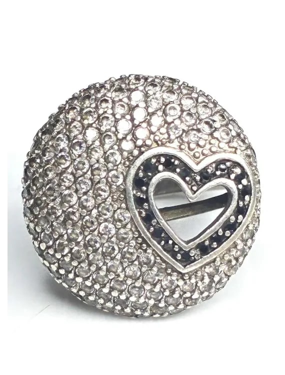 Estate Oversized Sterling Silver Round Pave Heart Cutout Ring - 2